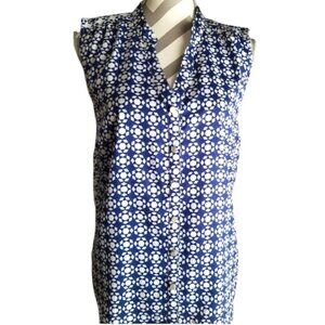 Notations Blue Geometric Sleeveless Reverse Pattern Button Up Blouse Small